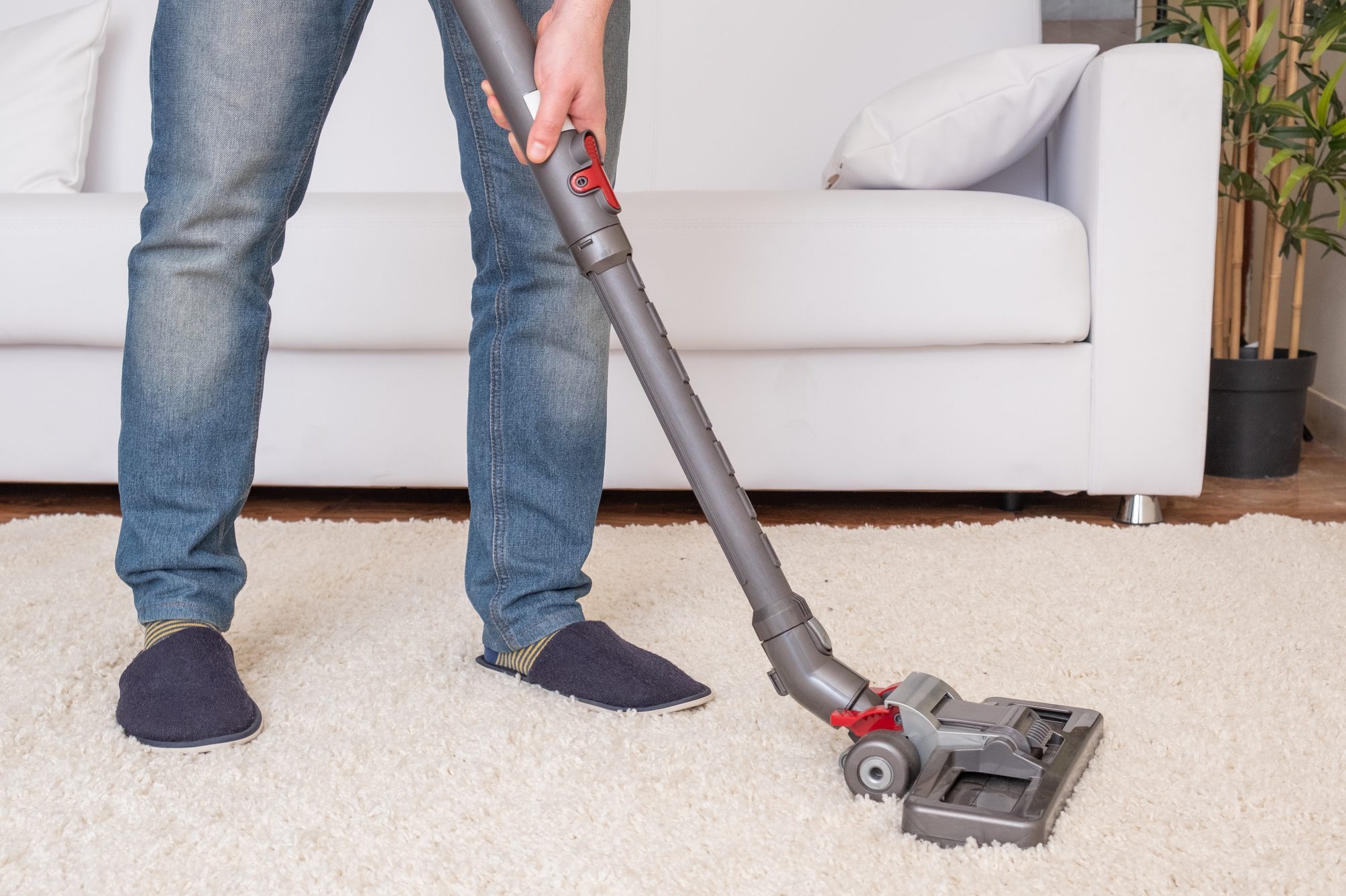 Close up of vacuum cleaner cleaning dirty carpet