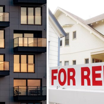 Two buildings are shown: a modern apartment with balconies reflecting sunset and a white house displaying a prominent "FOR RENT" sign in the foreground.