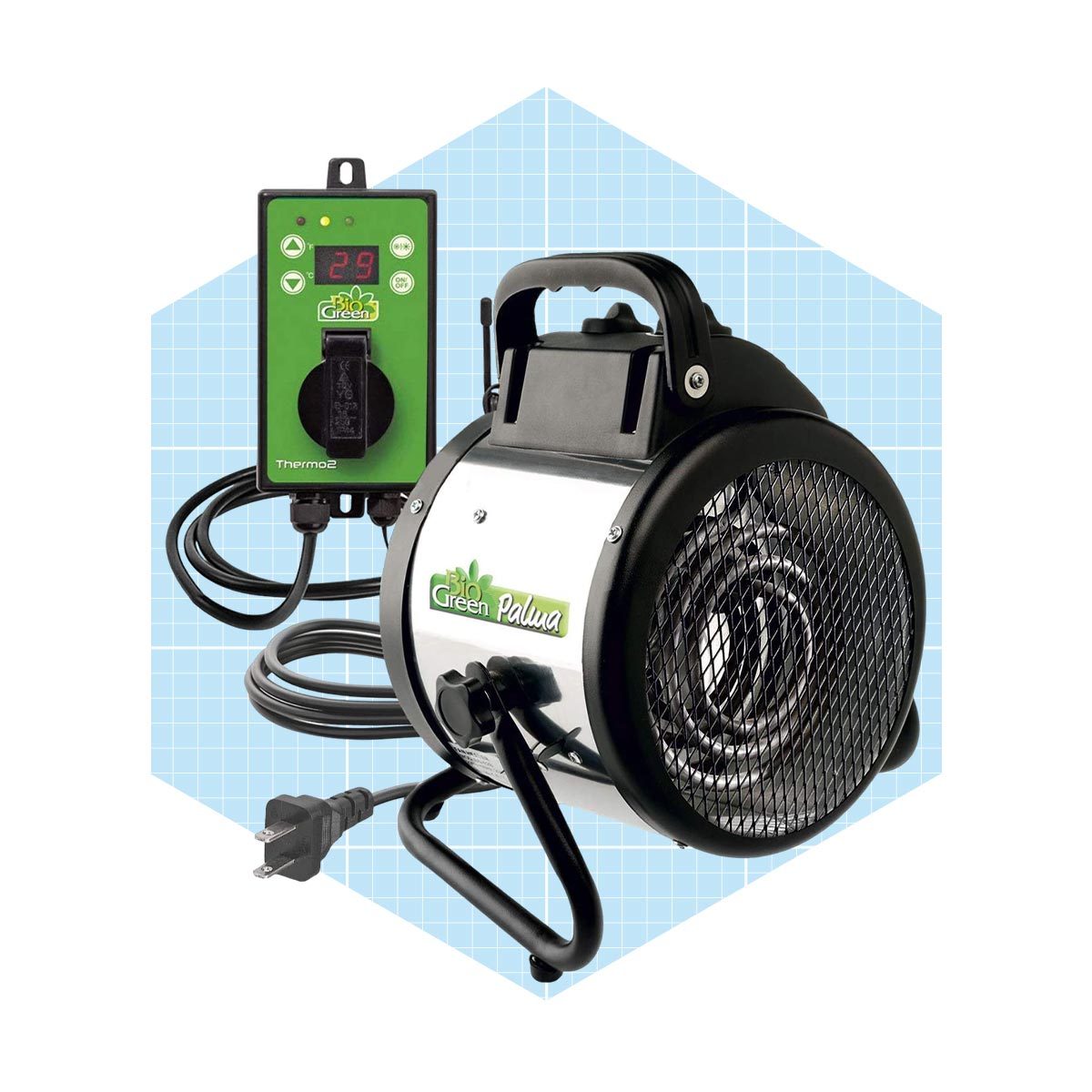 A portable heater with a metal body and control panel is positioned against a light blue background, designed for efficient heating in various environments.