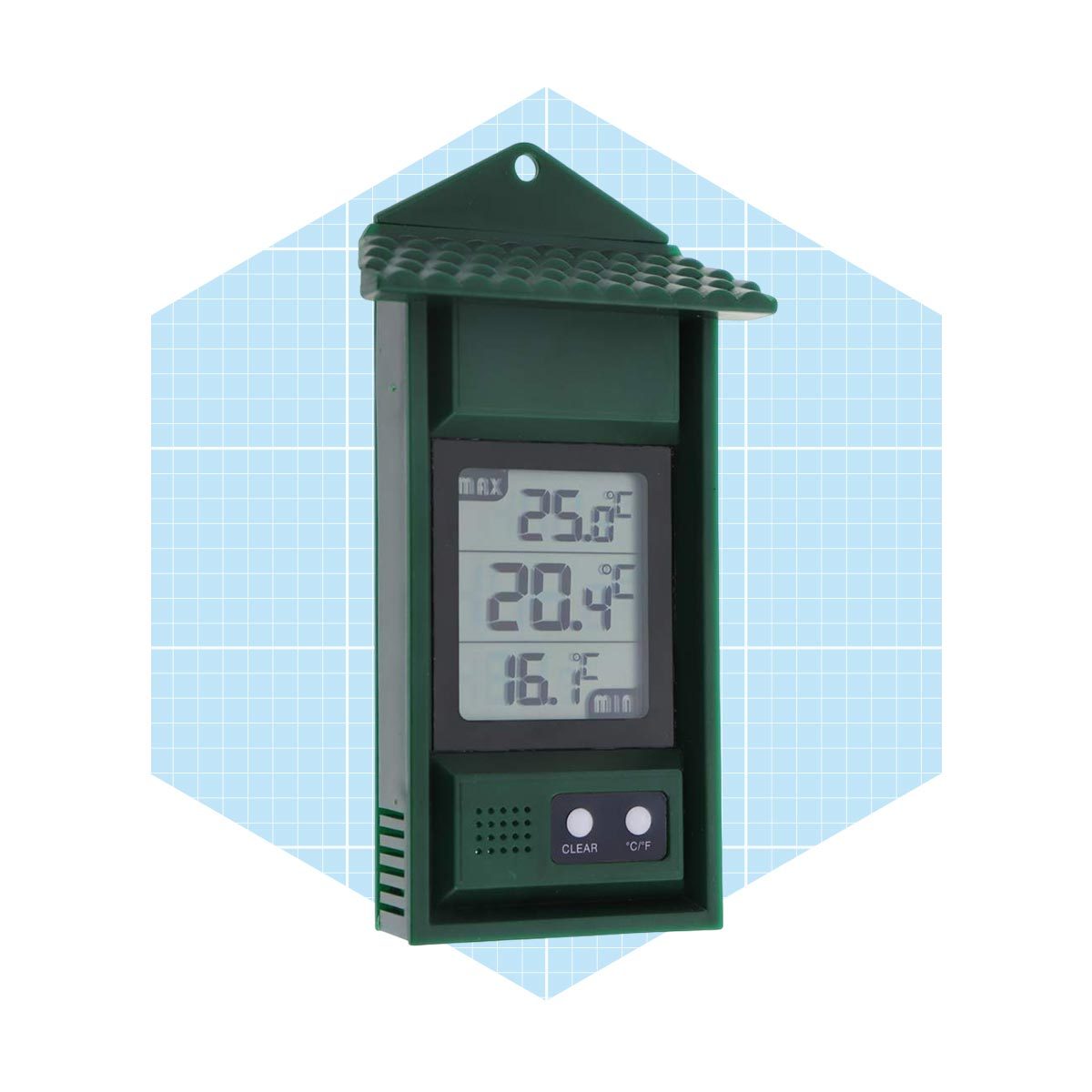 A green digital thermometer displays temperature readings, measuring current and maximum temperatures, mounted against a light blue grid background.