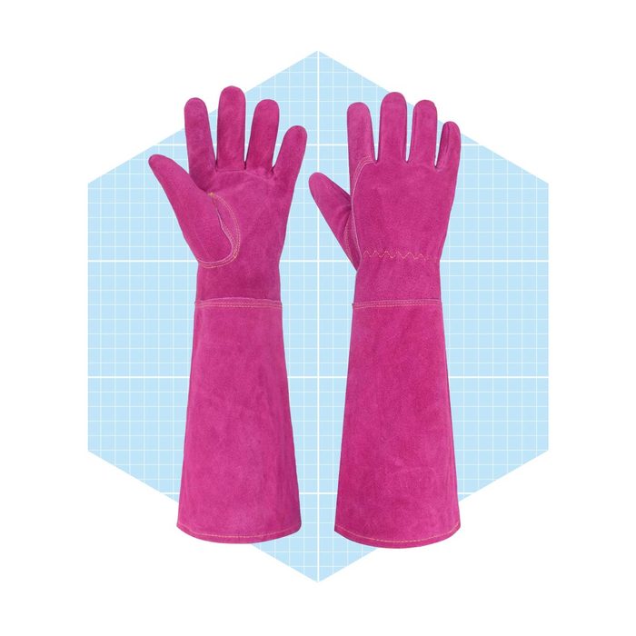 Pink gloves with long cuffs stand upright against a light blue grid background, suggesting use in gardening or cleaning tasks.