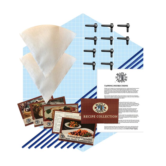 Tapping instructions and recipe cards are displayed with various utensils and filters, all set against a light blue grid backdrop.