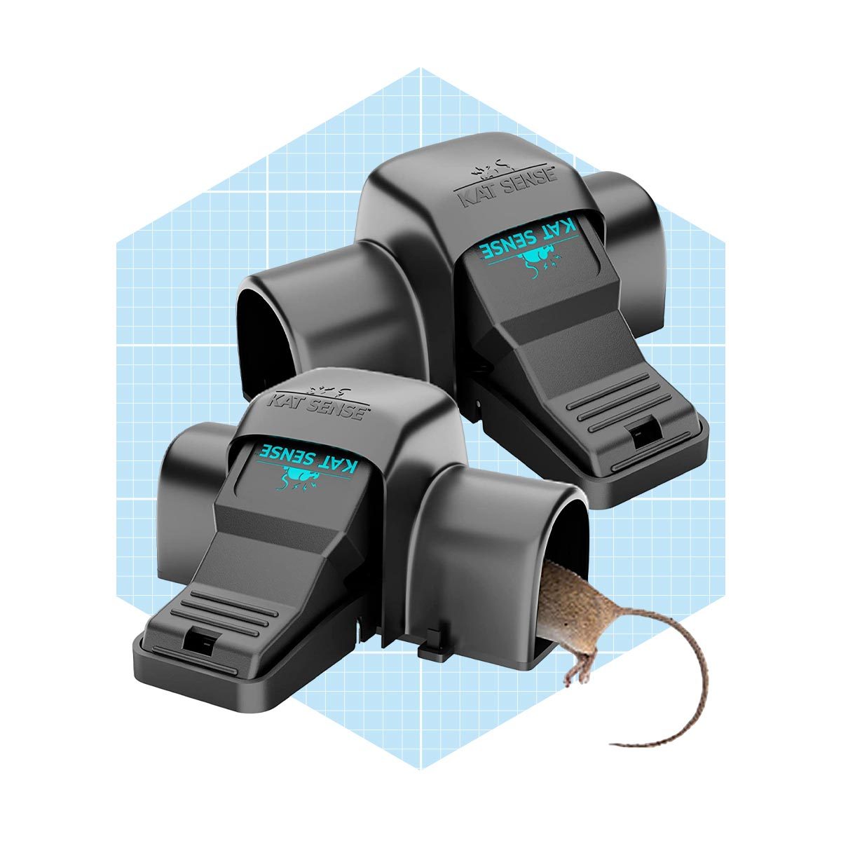 Two black rodent traps are positioned at an angle, with a mouse partially emerging from one trap, set against a light blue grid background.