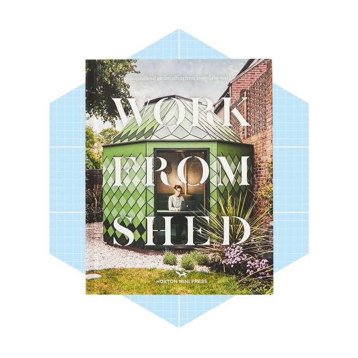 A book cover displays a green garden office with a person working inside. Text reads 