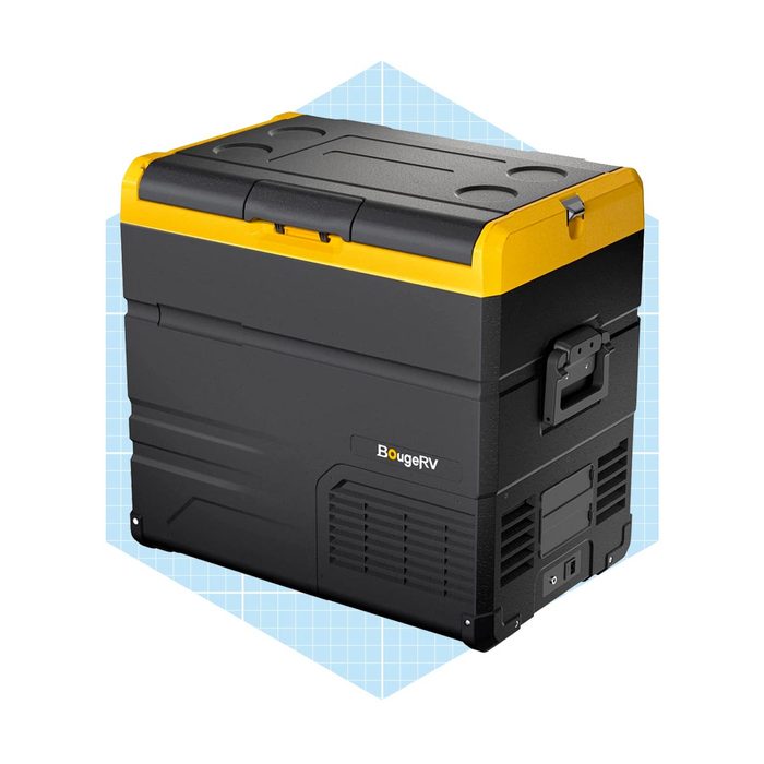 A portable cooler with a black body and yellow lid holds items securely. It features ventilation and a sturdy design, suitable for outdoor activities.