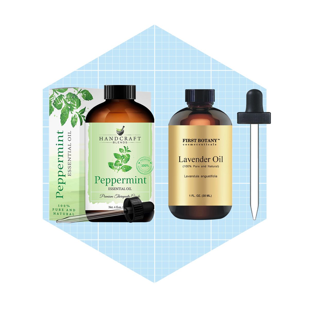 Two bottles of essential oils&mdash;peppermint and lavender&mdash;are displayed against a light blue grid background. Each bottle features labeling and a dropper.