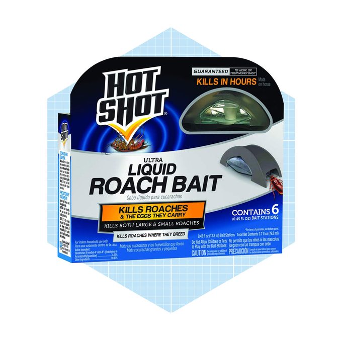 A box of liquid roach bait contains six sealed bait stations designed to kill roaches and their eggs, with a blue and black color scheme.