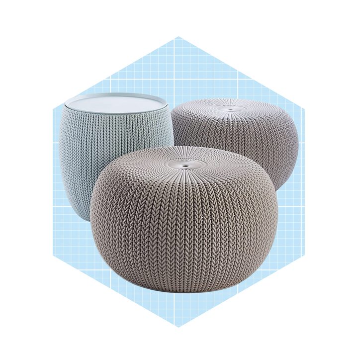 Three textured, round stools in gray and light blue are arranged on a blue grid background, suggesting a modern, stylish interior setting.