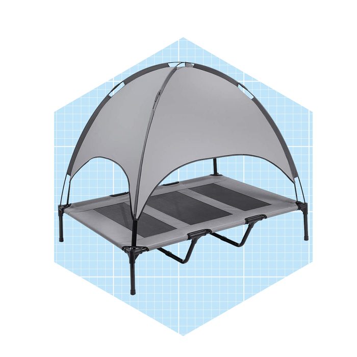 A elevated pet bed with a canopy provides shade, designed for outdoor use, resting on four legs against a light blue grid background.