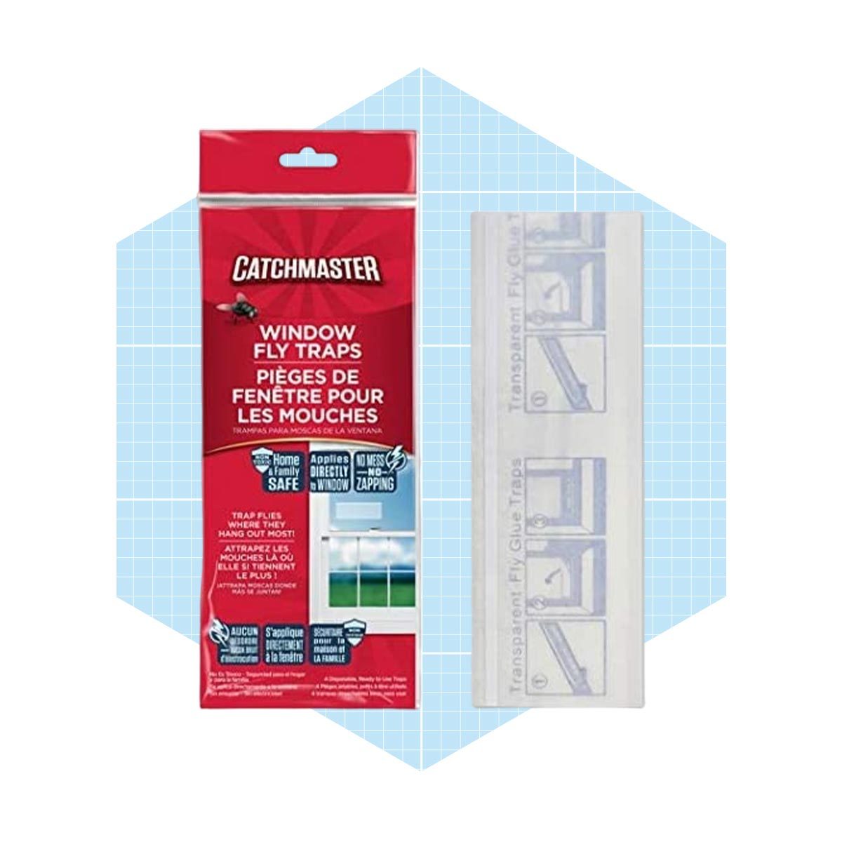 A packet of window fly traps is displayed, featuring instructions and a transparent sticky trap designed to catch flies in residential areas.