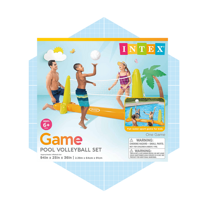 A volleyball set floats in a pool, with children actively playing. They are enjoying a sunny day, engaged in a fun water sport activity.