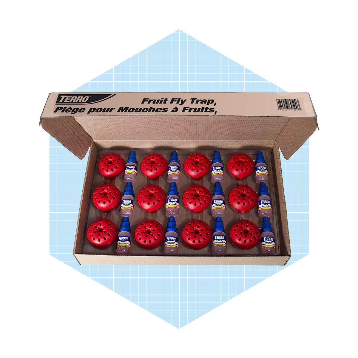 A box contains fruit fly traps, featuring red devices and blue liquid bottles, arranged neatly, designed to attract and capture fruit flies.
