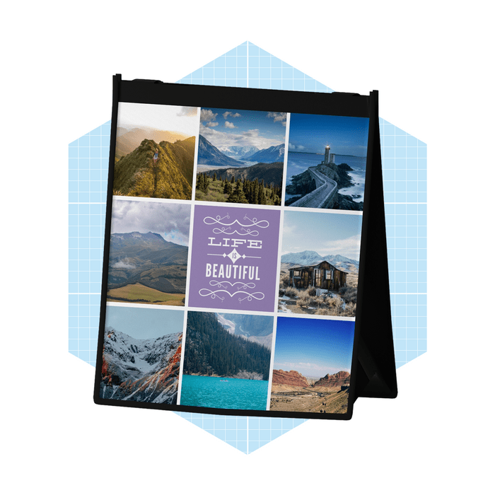 A collage frame displays scenic photographs of mountains, lakes, and landscapes, with the center image featuring text that reads, 