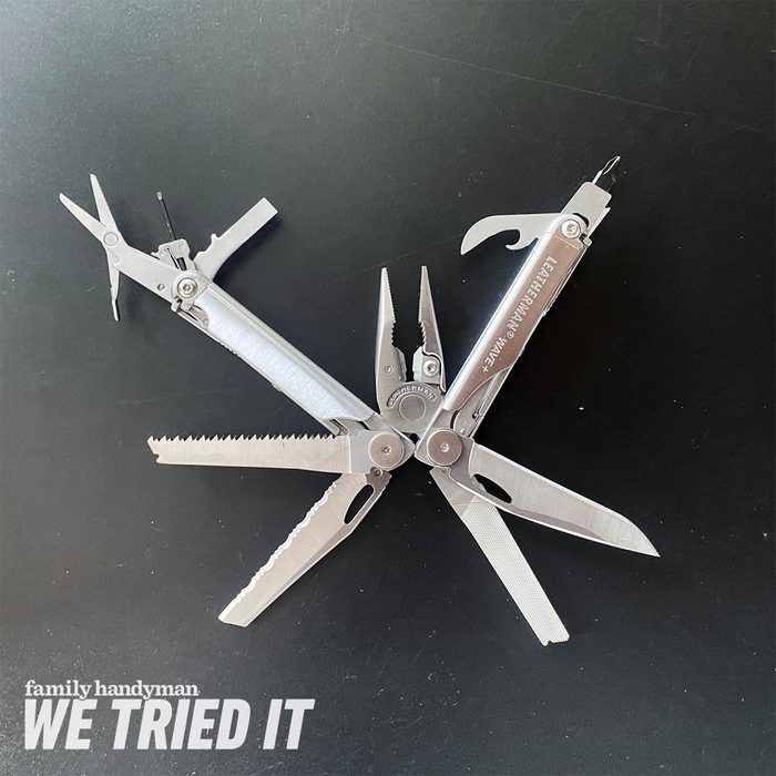 A multi-tool with various blades and pliers opens up, displaying different tools against a dark surface. Text reads, 