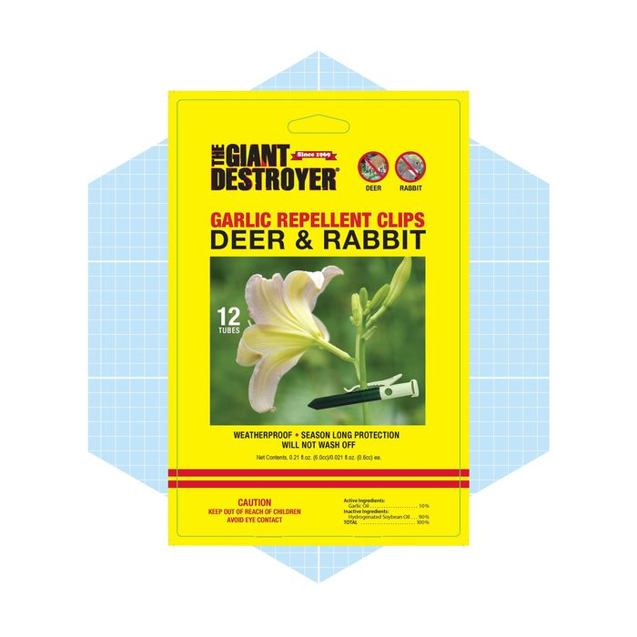 A yellow packaging displays garlic repellent clips, featuring a flower image. It highlights protection against deer and rabbits and lists precautionary instructions.