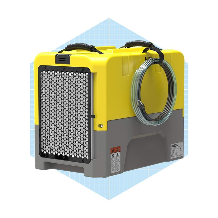 A yellow and gray dehumidifier sits against a light blue geometric background, featuring a honeycomb front panel and attached hose.