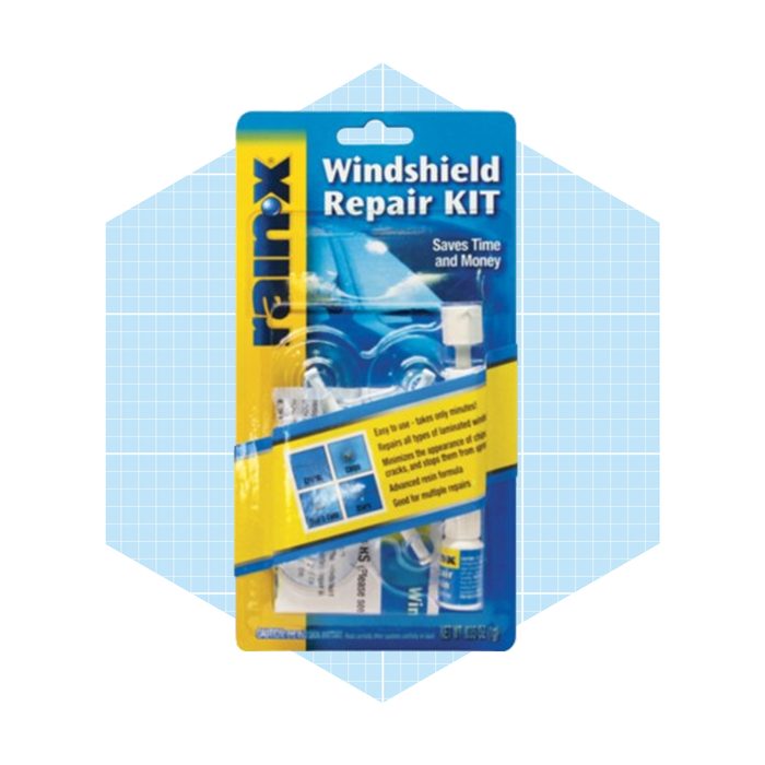 A windshield repair kit is displayed in its packaging, indicating it repairs chips and cracks, set against a light blue geometric background.