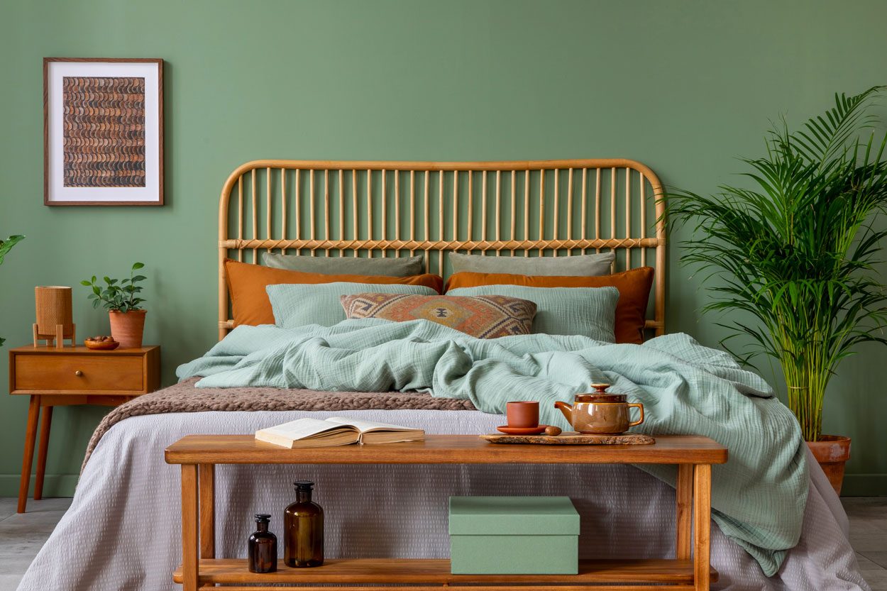 A wooden bed with green bedding sits against a textured green wall, surrounded by plants and a wooden table with a teapot, book, and decorative items.