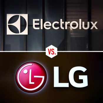 Logos of Electrolux and LG are displayed prominently, highlighting their competition. A bold "VS." separates them, set against a contrasting background.