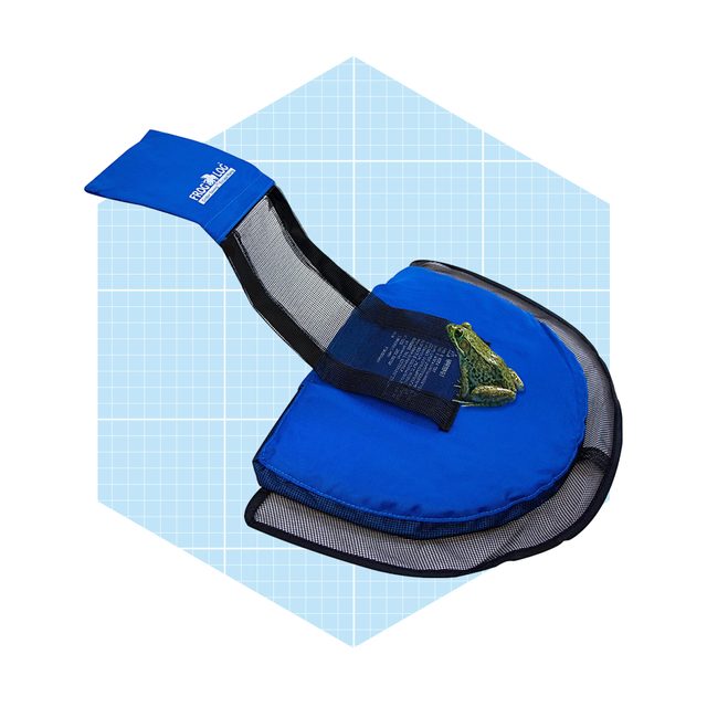 A blue frog habitat features a mesh section with a frog resting on top, surrounded by a hexagonal light blue grid background.