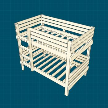 A wooden bunk bed stands with two levels, showcasing a slatted design; it's placed against a blue grid background indicating a drafting or design context.