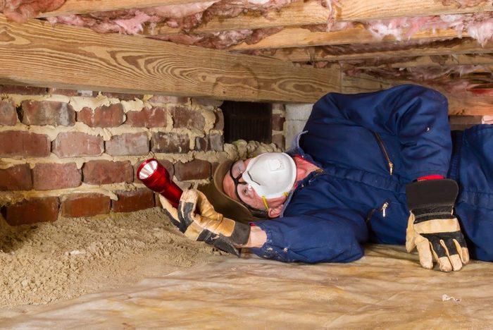 Man inspecting for termites in crawl space