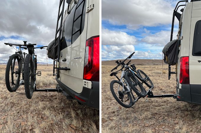 Bikes folded up and tilted down side by side