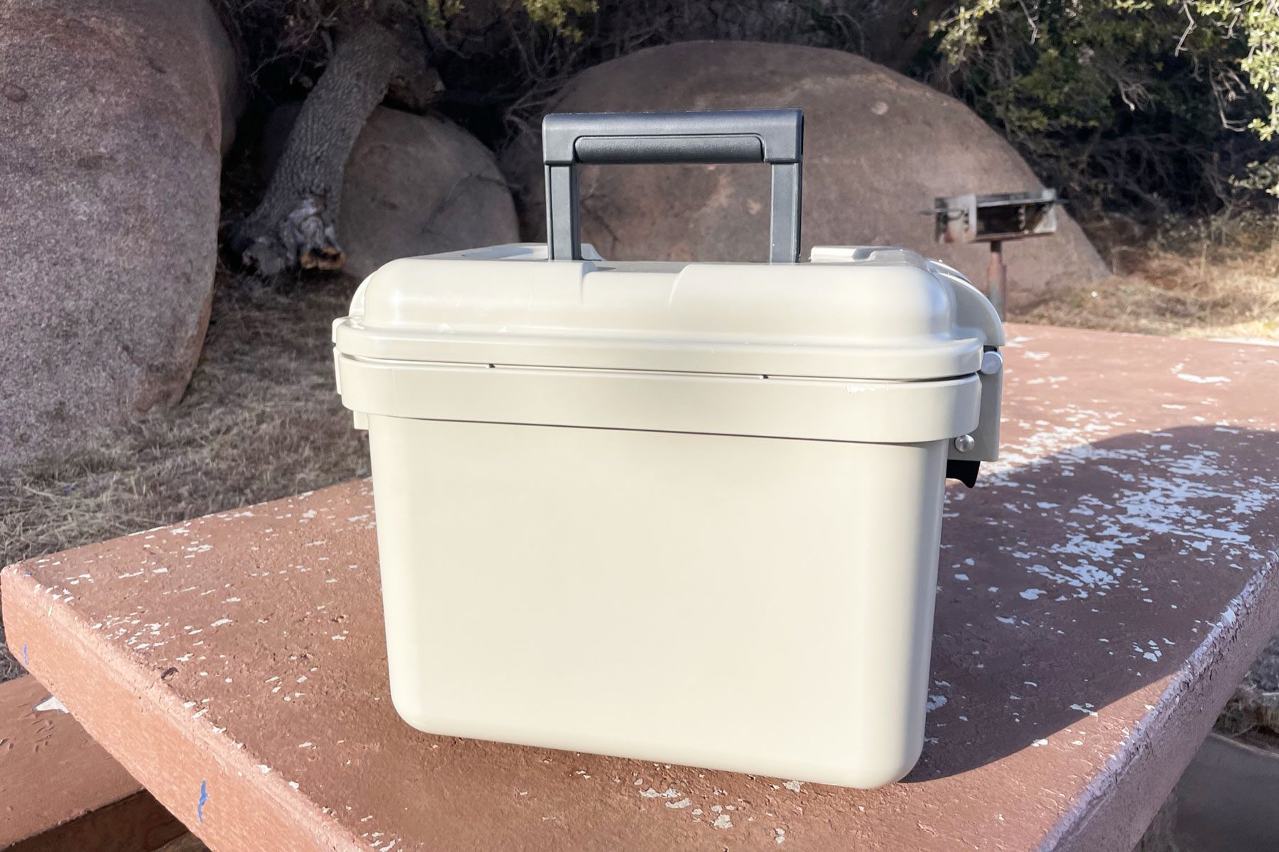 white Yeti Loadout Gobox on a bench 