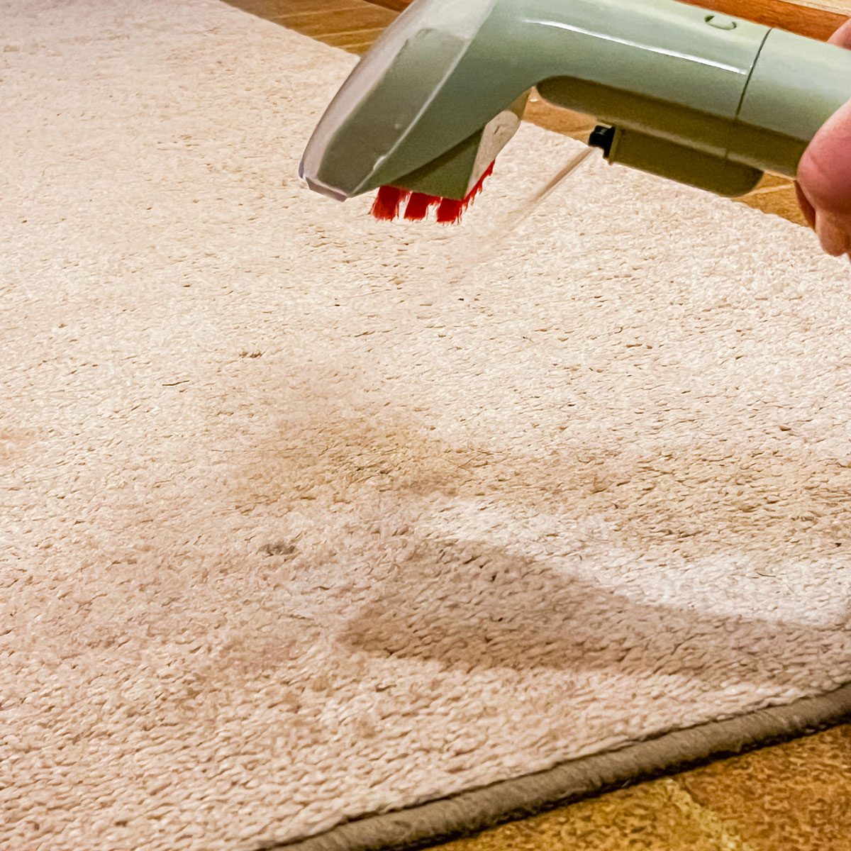 Using stain cleaner and brush attachment for cleaning rugs