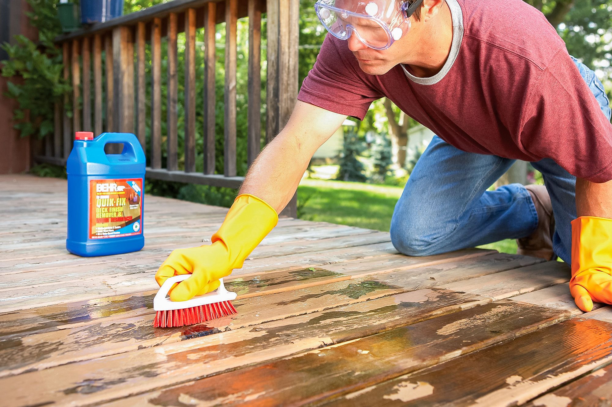 Removing Flaking Deck Stain with Scrub Brush