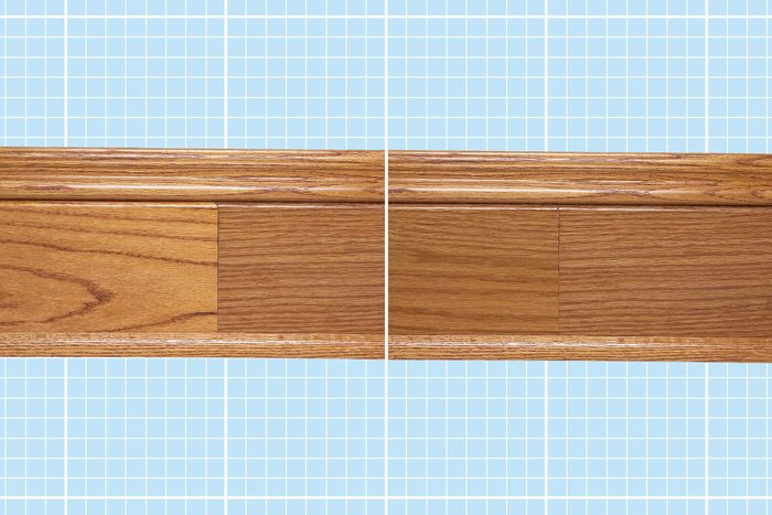 Comparison image of two types of wooden floor molding against a blue grid background. The left side showcases a lighter, more natural wood finish with visible grain patterns, while the right side displays a darker, smoother finish with less visible grain.