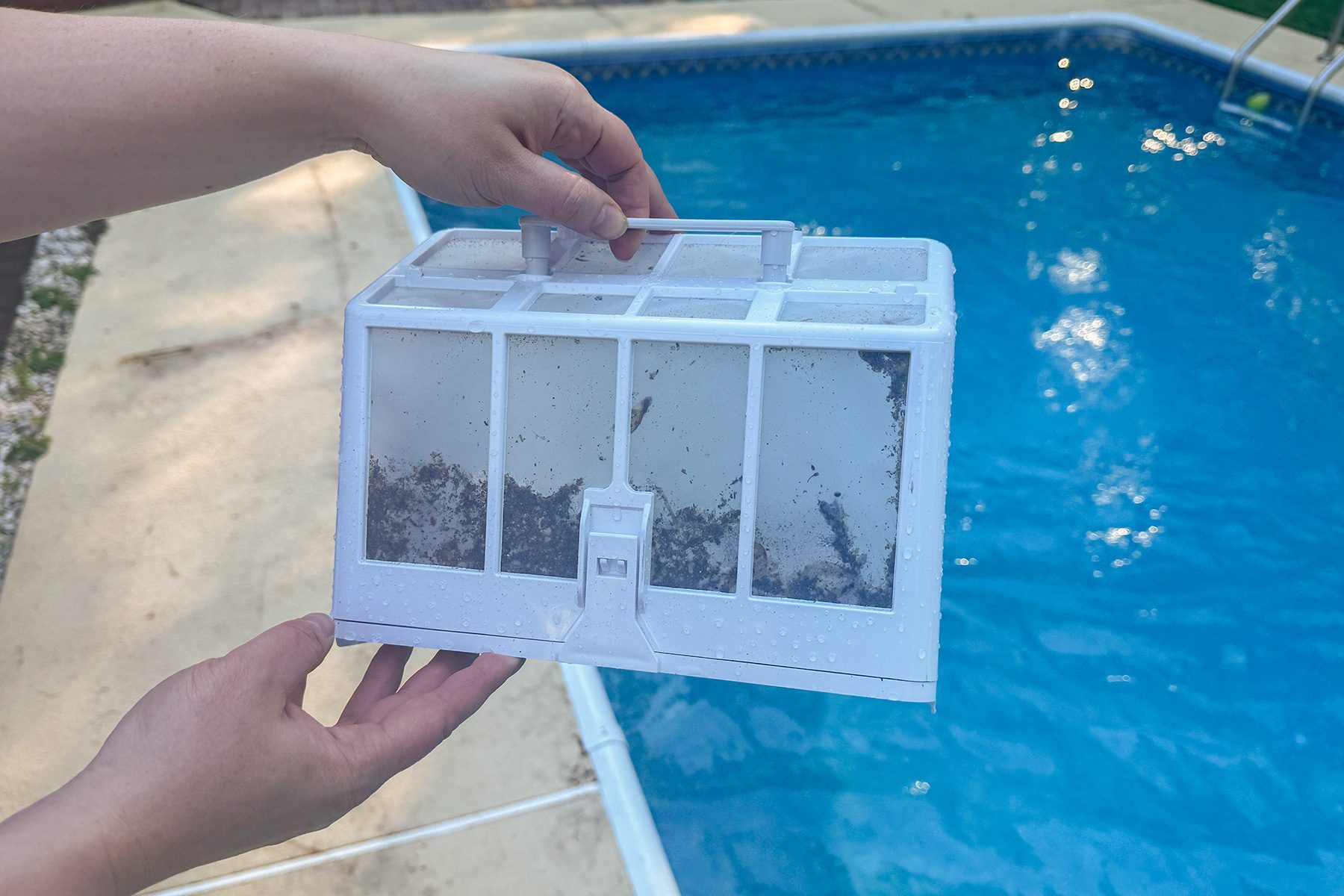 Person holding Wybot C1 Robotic Pool Cleaner filled up filter