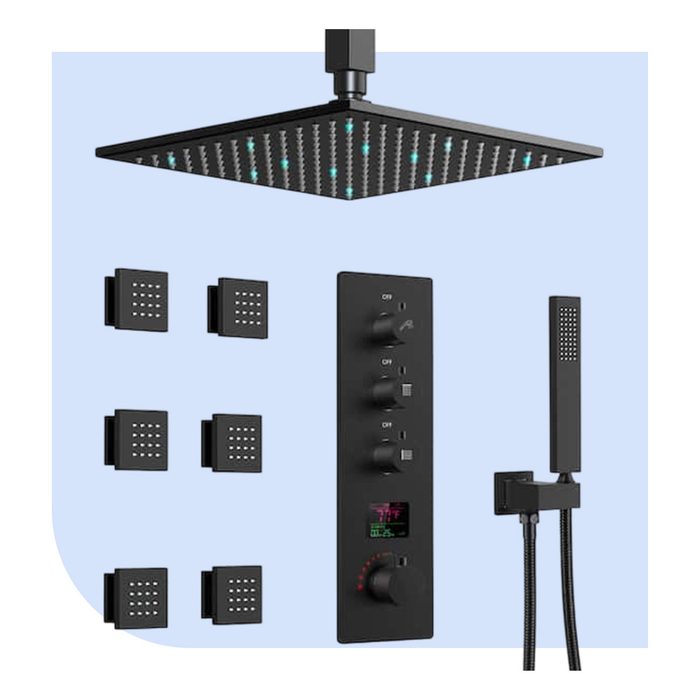 Smart Led And Temp With Valve 7 Spray Ceiling Mount 12 In. Fixed And Handheld Shower Head 2.5 Gpm In Matte Black