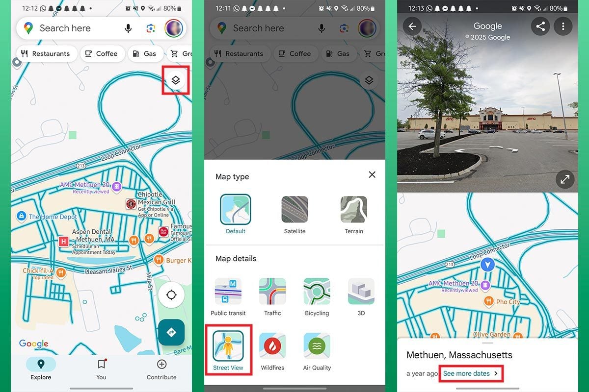 Three screenshots of the Google Maps Android app: On the left, a map with the "Layers" button highlighted. In the middle, the layers menu with "Street View" highlighted. On the right, a street view of a movie theater with a tree in the foreground and "See more dates" highlighted at the bottom