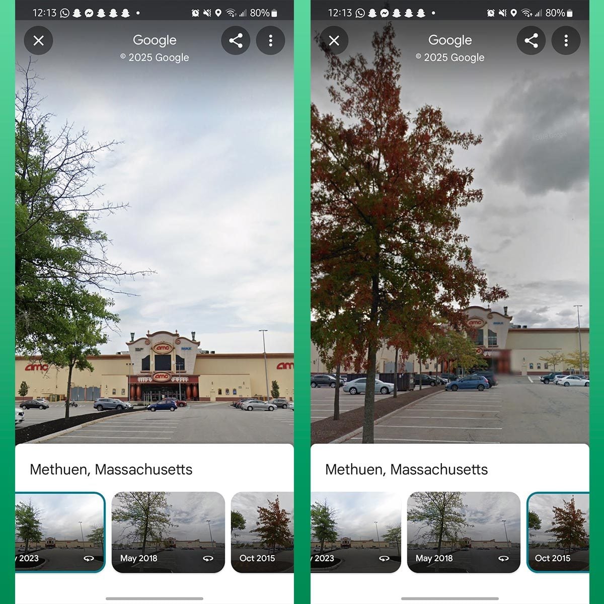 Google Maps street view images of an AMC theater taken 8 years apart, with a tree in the foreground of each