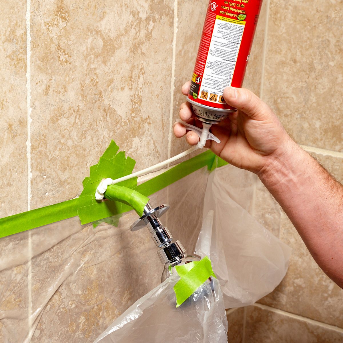Squirting expanding foam around a loose shower arm