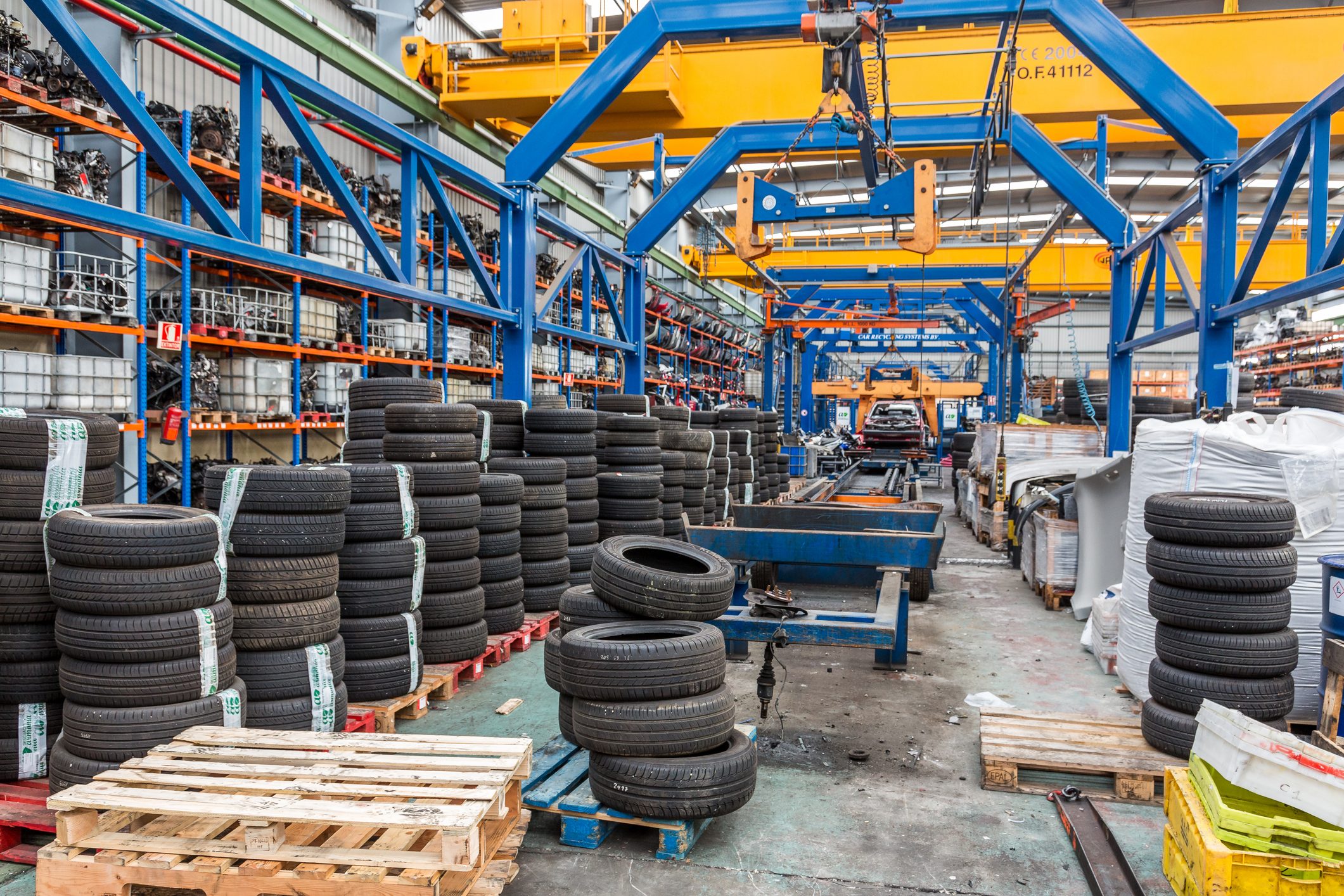Dismantled car pieces and tires for recycling