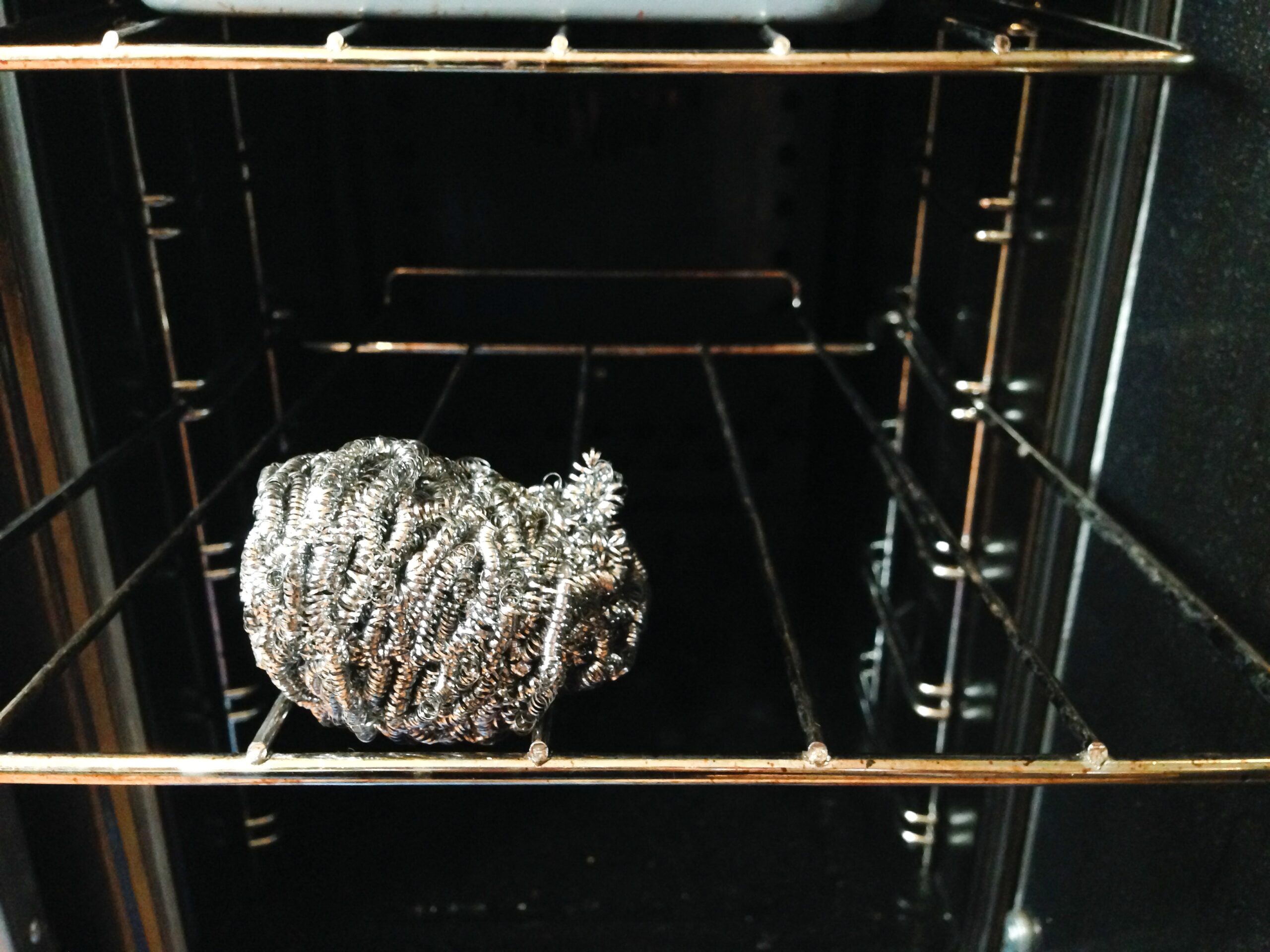 A charred sponge rests on an oven rack inside an open oven. The sponge is dark and appears burnt, indicating it may have been accidentally cooked. The oven interior is empty except for the sponge.