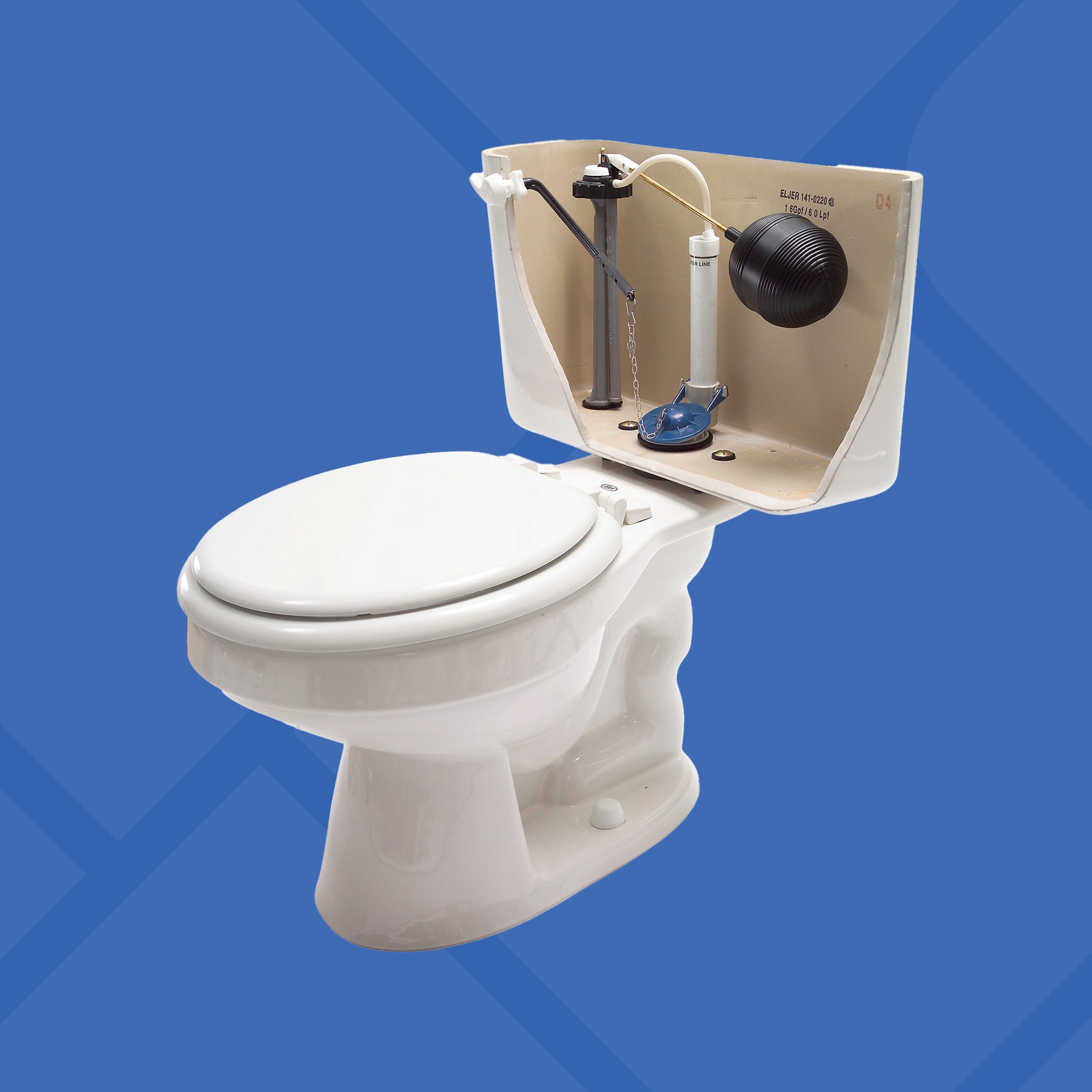 A white toilet with the tank lid removed, revealing the internal mechanisms, is set against a blue background.
