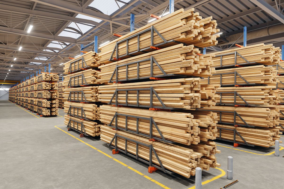 Lumber in lumberyard warehouse