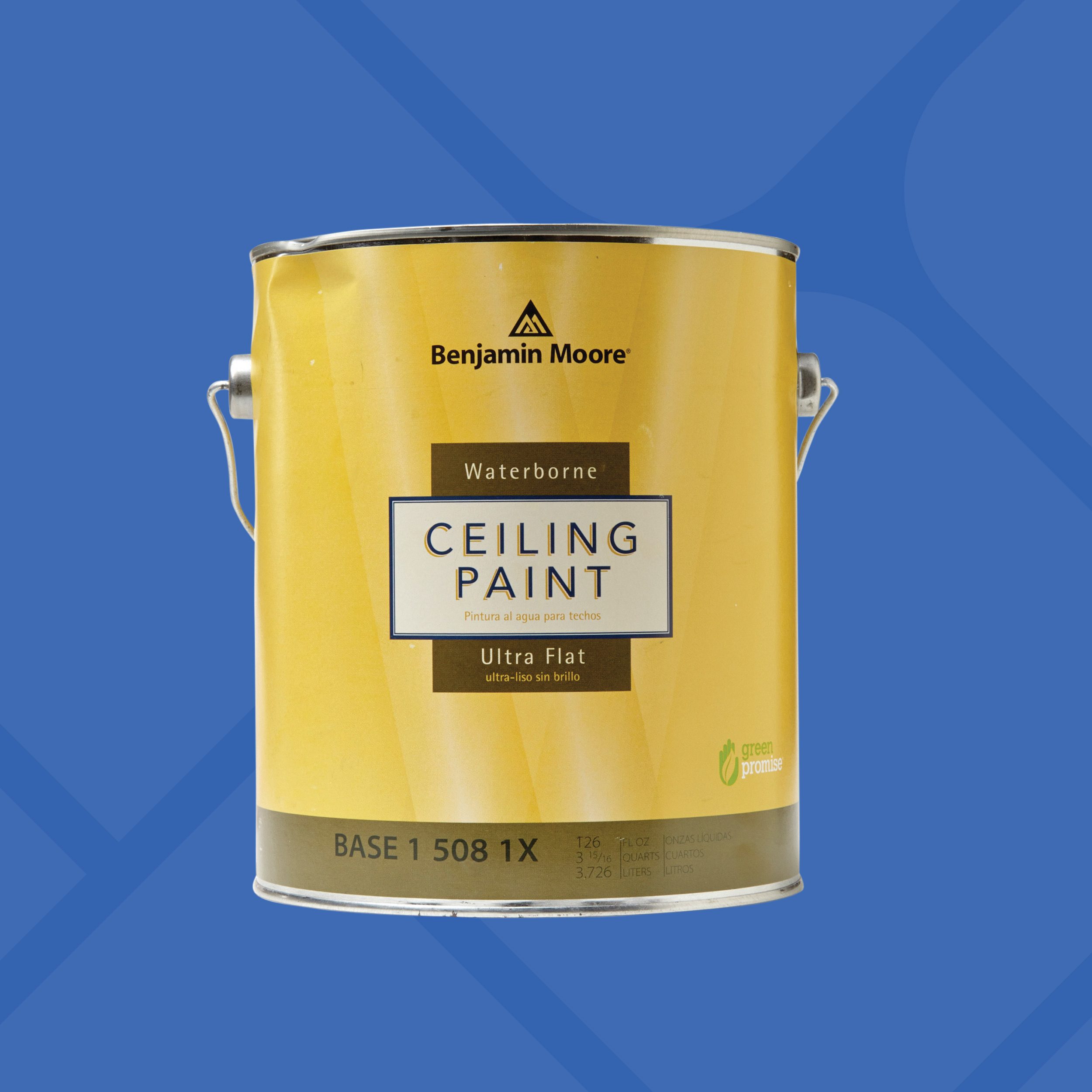 A paint can with a yellow label featuring the text "Benjamin Moore Waterborne Ceiling Paint Ultra Flat." The background is blue with a subtle pattern.