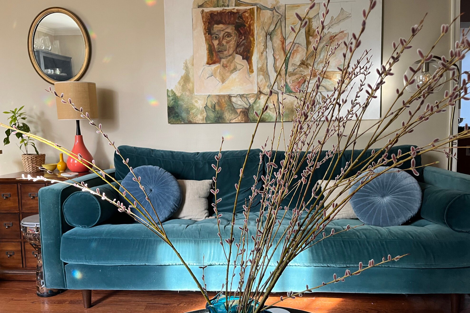 Cozy and cluttered living room.