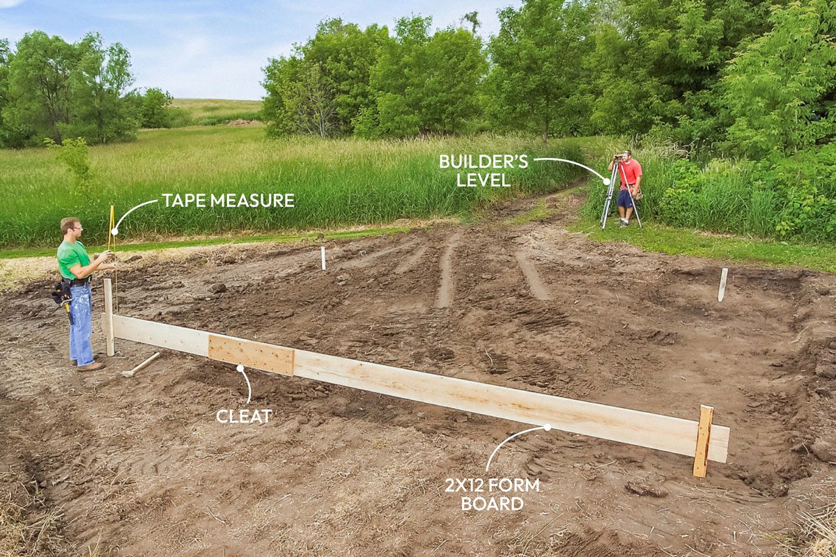 Wide shot; Set and Level One Side; Mark the slab corners with stakes and use a level to check the slope; Flatten by either digging into the high side or building up the low side with a retaining wall; Cut a 2×12 to length for one side of the concrete forms and nail it to a corner stake; Level the 2×12 and nail it to the second corner stake;