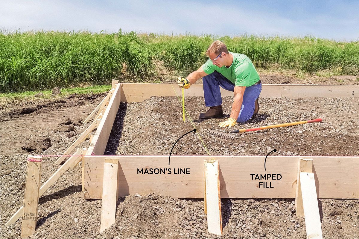 Wide shot; Step 4 Fill and Level; Spread and tamp three-inch layers of granular fill to within five inches of the top of the forms; This will help concrete forming; Stretch a string across the top of the forms and measure down to the ground; Do this in three or four spots and average the results; Subtract the thickness of your slab; Then use this depth to calculate the cubic yards of fill needed; Slope the fill down along the edges to create a thickened edge of concrete;