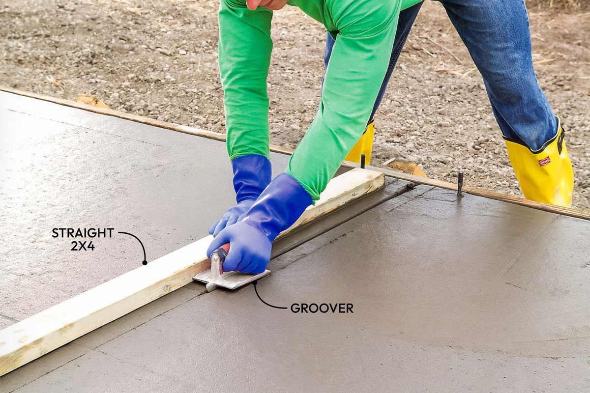 Close shot; Step 8 Cut Control Joints; Form control joints to minimize random concrete cracks by running a groover along the edge of a straight 2×4; Work the groover forward and back while making a progressively deeper cut;