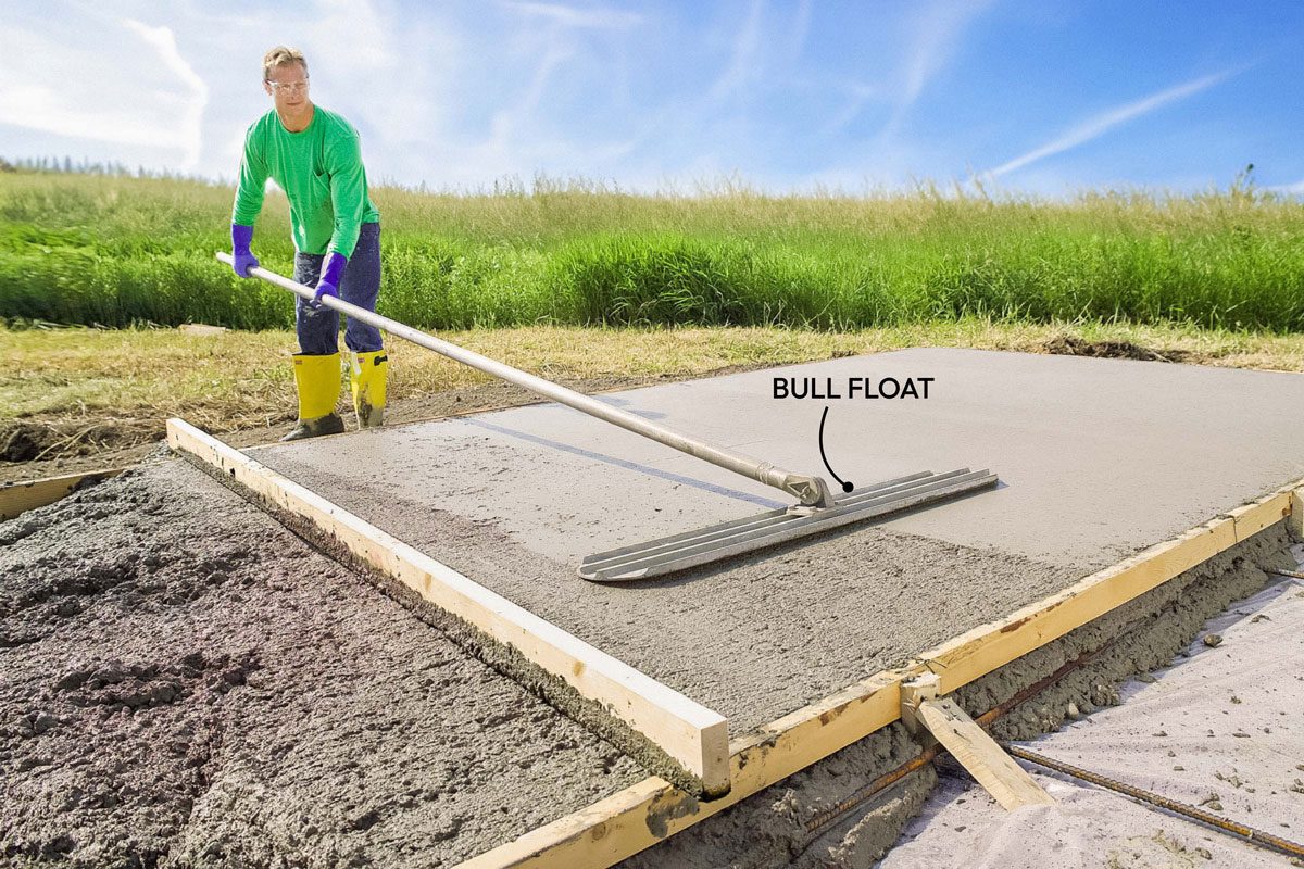 Wide shot; Step 10 Flatten with a Bull Float; Push the bull float across the concrete with the leading edge slightly raised; At the far side, lift the handle and pull back; Repeat with one-third overlap on each pass;
