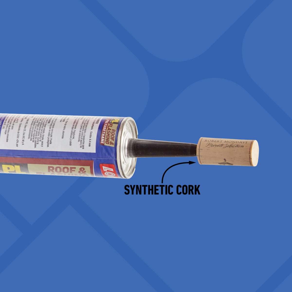 A tube of sealant with a synthetic cork partially inserted into its nozzle, against a blue background. An arrow points to the cork, labeled “SYNTHETIC CORK.”.