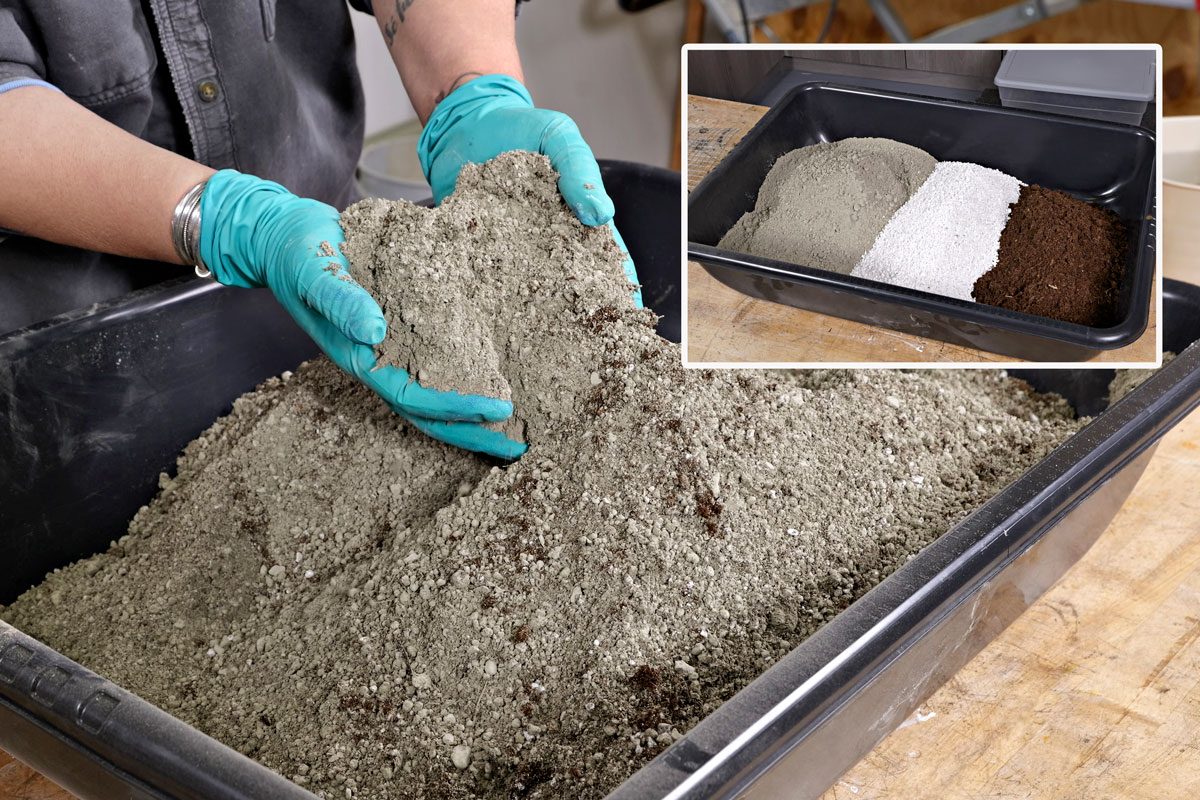 two quarts perlite, two quarts peat moss and two quarts Portland cement being mixed together
