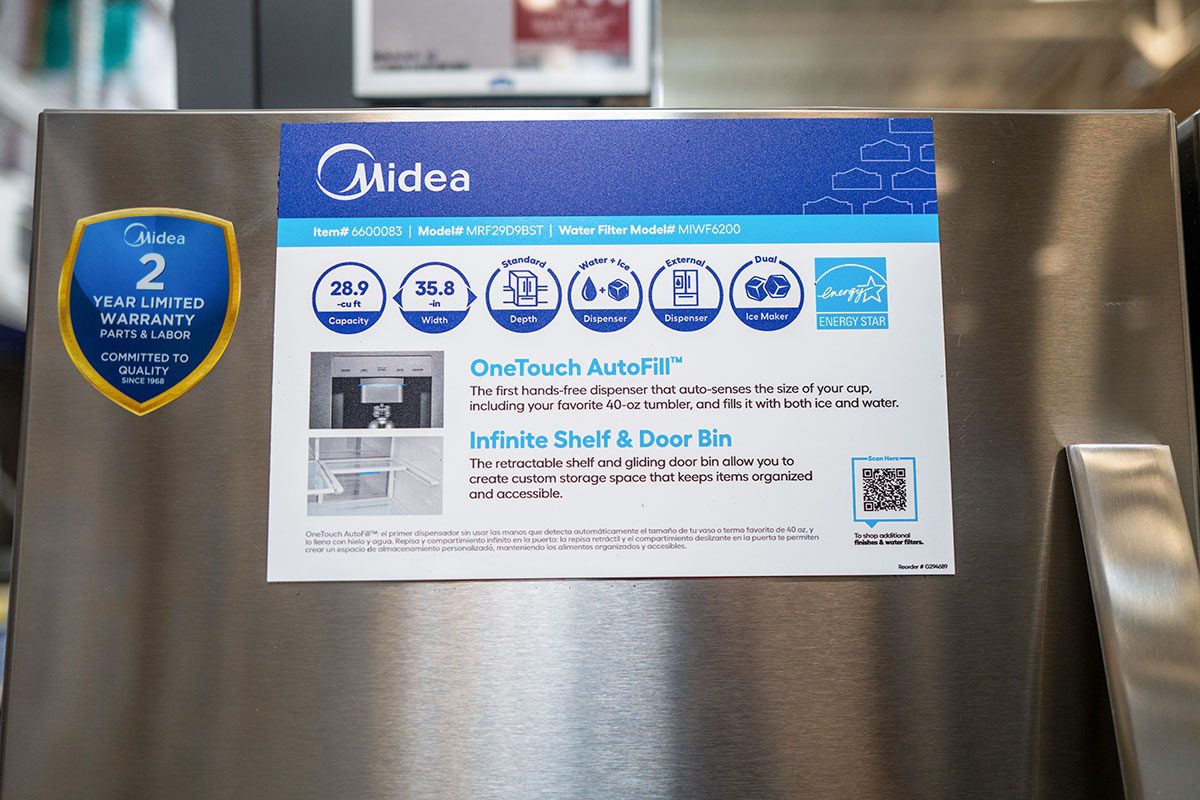 An Energy Star certification is displayed on the labeling of a Midea refrigerator