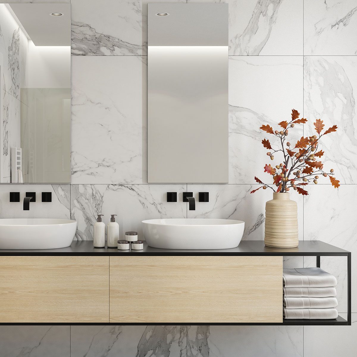 Luxurious bathroom with natural stone tiles and wood planks. Scandinavian concept